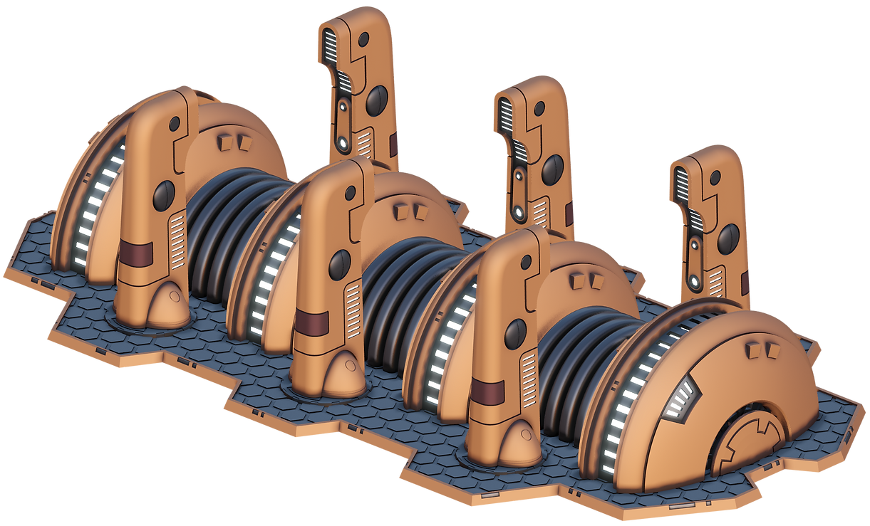 3D-printed sci-fi power generator terrain piece with copper arches, vertical pylons, and a hexagonal base