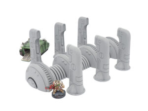 Grey 3D-printed sci-fi pipeline terrain shown with miniatures for scale on a white background