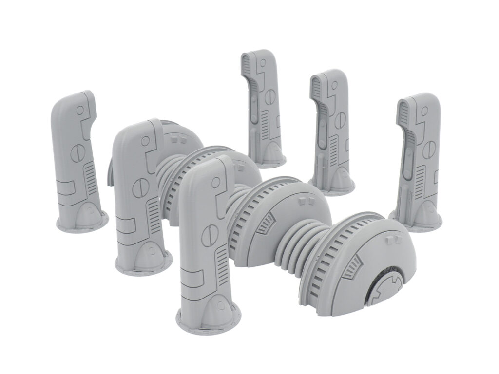 Unpainted grey 3D-printed sci-fi tabletop terrain set featuring a central generator conduit and five control pylons
