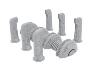 Unpainted grey 3D-printed sci-fi tabletop terrain set featuring a central generator conduit and five control pylons