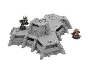 Grey 3D-printed sci-fi bunker terrain piece for tabletop wargaming, shown with miniature soldiers for scale