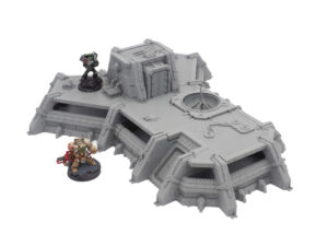 Unpainted grey 3D-printed sci-fi bunker terrain with painted miniature figures for scale