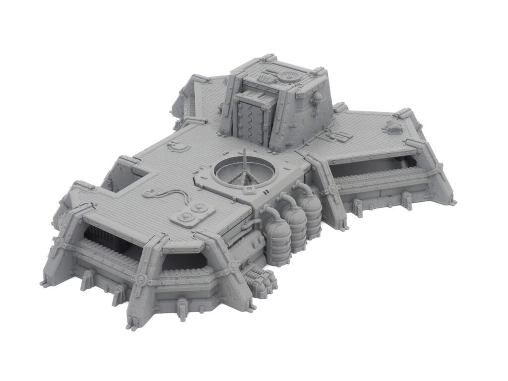 Grey 3D-printed miniature sci-fi bunker terrain model for tabletop wargaming