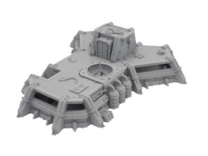 Grey 3D-printed miniature sci-fi bunker terrain model for tabletop wargaming