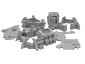 Modular grey 3D-printed sci-fi tabletop terrain set, featuring walls, platforms, and industrial components