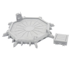 Unpainted grey 3D-printed tabletop terrain featuring an octagonal landing platform with a console and separate crate