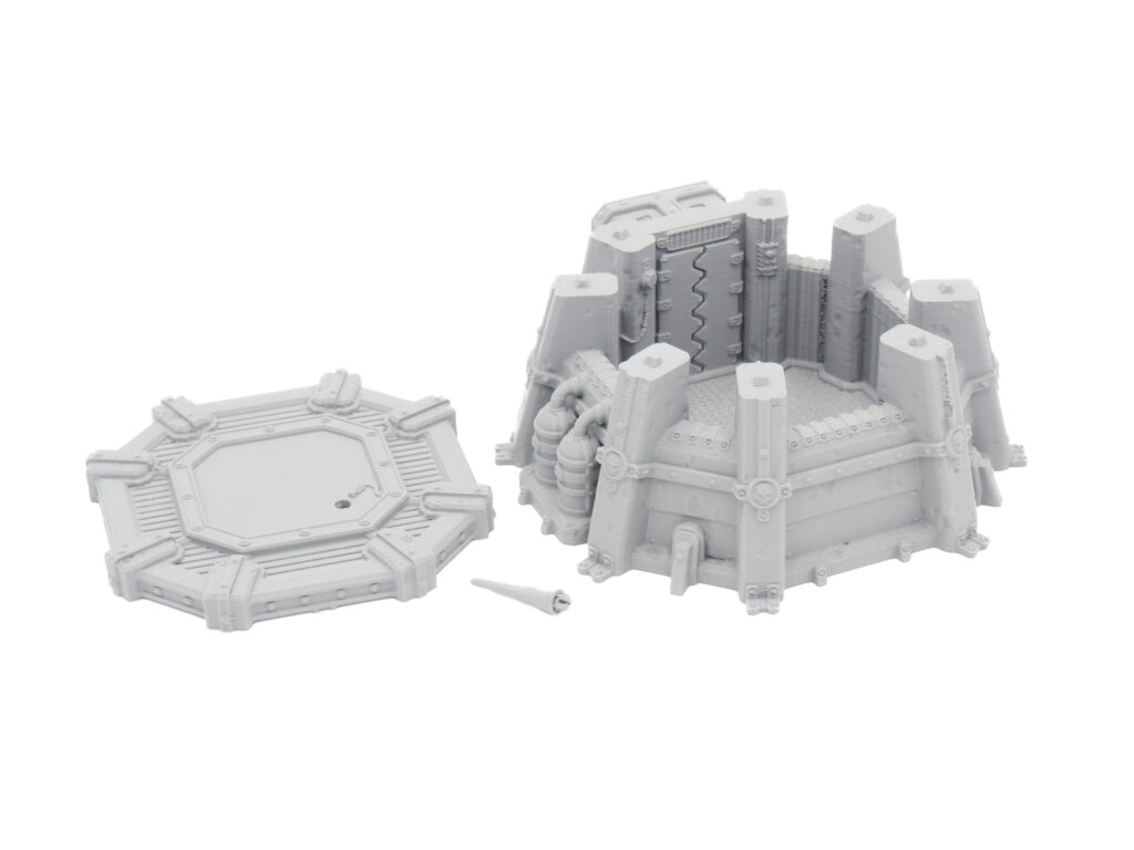Unpainted grey 3D-printed tabletop miniature bunker with a removable octagonal roof, on a white background