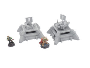 Unpainted grey 3D-printed sci-fi bunkers shown alongside painted miniatures for scale on a white background