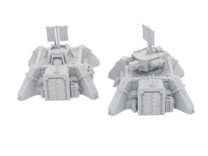 Two unpainted grey 3D-printed miniature sci-fi bunkers for tabletop gaming terrain, shown on a white background