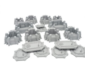 Grey 3D-printed sci-fi miniature terrain set featuring fortification walls and octagonal platform tiles