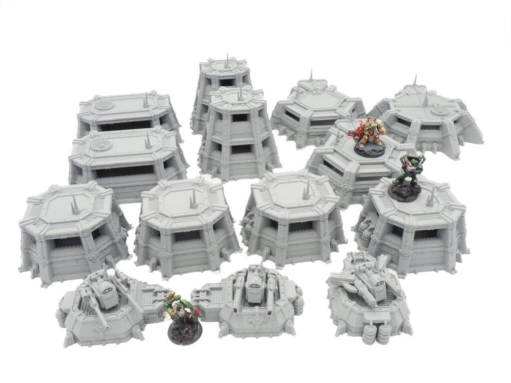Grey 3D-printed sci-fi bunker and turret tabletop wargaming terrain set, pictured with painted miniatures for scale