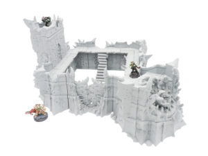 Modular grey 3D-printed fortress terrain for tabletop gaming, shown with painted miniature figures for scale