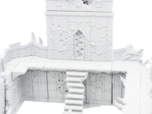 3D-printed white miniature fantasy fortress wall with a tower, stairs, and detailed stone textures