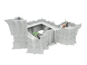 Grey 3D-printed modular fortress wall terrain for tabletop gaming, shown with scale miniatures on a white background