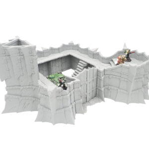 Grey 3D-printed modular fortress wall terrain for tabletop gaming, shown with scale miniatures on a white background