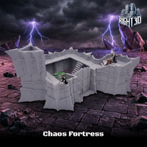 Spiked grey 3D-printed Chaos Fortress tabletop wargaming terrain piece with miniature figures