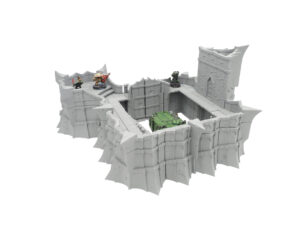 Grey 3D-printed modular fortress wall terrain for tabletop gaming, displayed with painted miniatures for scale