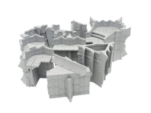 Grey 3D-printed modular gothic fortification terrain pieces for tabletop gaming, arranged on a white background