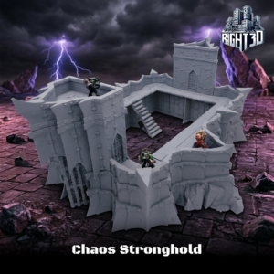 Grey 3D printed gothic fortress miniature terrain for tabletop wargaming, featuring towers and ramparts