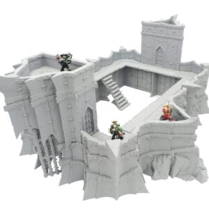 Grey 3D-printed tabletop wargaming fortress terrain with ramparts, stairs, and painted miniatures