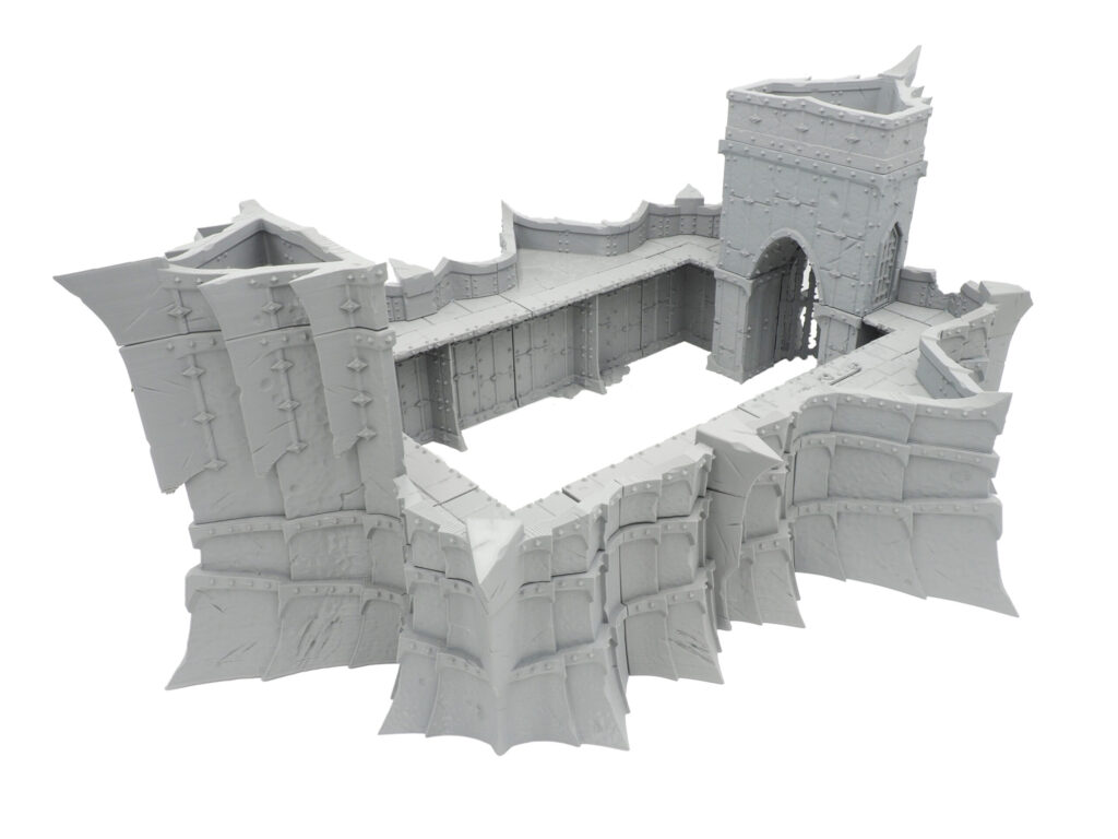 Grey 3D-printed gothic fantasy fortress walls and tower terrain piece for tabletop gaming
