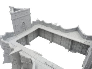Grey 3D-printed modular fantasy fortress walls and tower assembly for tabletop gaming terrain
