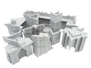 Modular grey 3D-printed fantasy fortress terrain pieces for tabletop gaming, shown on a white background