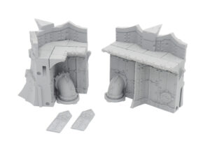 Grey 3D-printed miniature sci-fi industrial wall terrain sections with pipes for tabletop wargaming