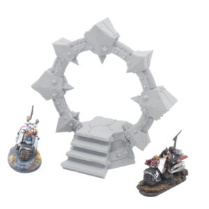 Grey 3D-printed spiked portal terrain piece with steps, flanked by two painted tabletop miniatures for scale