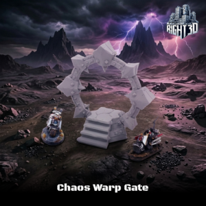 Unpainted 3D-printed Chaos Warp Gate terrain piece with stairs, shown next to miniature bikes for scale