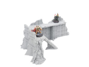 3D-printed grey tabletop gaming terrain of ruined fortress walls, featuring miniature figures for scale