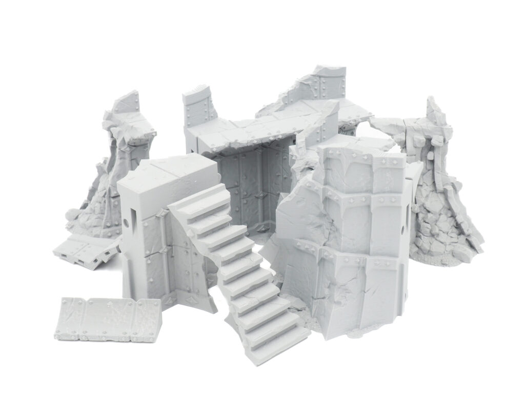 Grey 3D-printed miniature ruins and stairs terrain set for tabletop wargaming