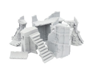 Grey 3D-printed miniature ruins and stairs terrain set for tabletop wargaming