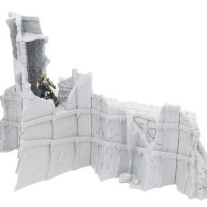 Grey 3D-printed ruined fortress wall terrain for tabletop wargames, shown with a painted miniature figure for scale