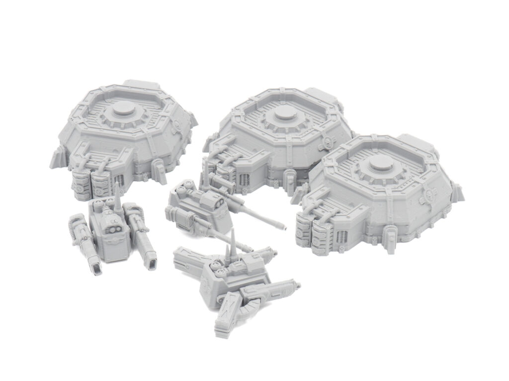 Grey 3D-printed sci-fi miniature terrain set featuring three octagonal bunkers and three matching gun turrets