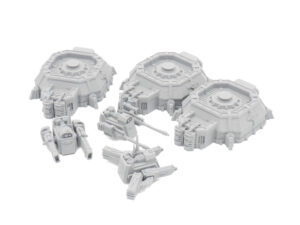 Grey 3D-printed sci-fi miniature terrain set featuring three octagonal bunkers and three matching gun turrets