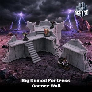 3D-printed ruined fortress corner wall tabletop gaming terrain, shown with miniature figures for scale