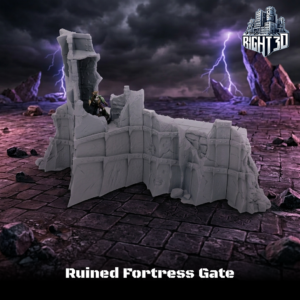 Unpainted grey 3D printed miniature of a ruined fortress wall, designed as tabletop gaming terrain