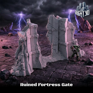 Ruined Fortress Gate 3D printed tabletop gaming terrain shown with a miniature figure for scale