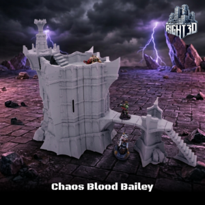 Grey 3D-printed Chaos Blood Bailey miniature terrain featuring a gothic tower with a connecting bridge and stairs