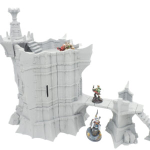 Grey 3D printed gothic tower and bridge terrain piece shown with miniature tabletop gaming figures