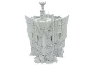 Grey 3D-printed miniature fantasy fortress wall and tower with spiked battlements for tabletop gaming