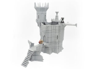 Grey 3D-printed gothic fantasy tower terrain for tabletop gaming, shown with miniatures on a plain white background