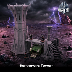 3D printed gothic Sorcerers Tower tabletop terrain featuring a tall tower connected by a bridge to ruined stone stairs