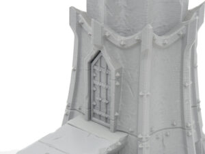 Grey 3D-printed miniature fantasy tower, showing a detailed doorway with textured filament layer lines