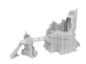 Grey 3D-printed tabletop gaming terrain featuring a ruined stone tower, connecting bridge and stairs