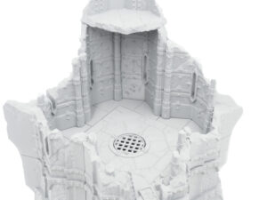 Grey 3D-printed miniature terrain showing a ruined gothic tower interior with a circular floor grate