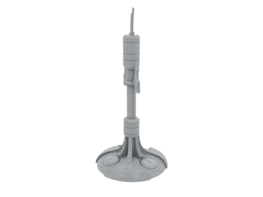 Grey 3D-printed miniature of a futuristic sci-fi antenna tower with a detailed circular base