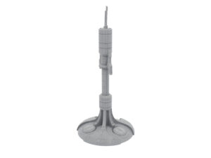 Grey 3D-printed miniature of a futuristic sci-fi antenna tower with a detailed circular base