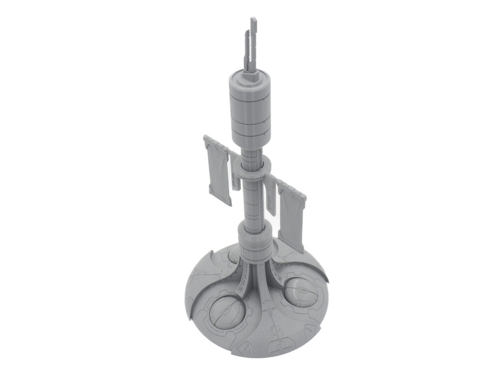 Grey 3D-printed sci-fi tower miniature with hanging banners and antenna, on a white background